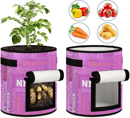 Custom Name Grow Bags 10 Gallon Personalized Breathable Potato Growing Bag with Flap Harvest Window and Handles Garden Planting Bag for Tomato Vegetable Fruits 2 Pack Mauve