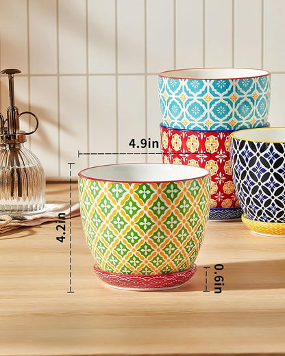 Ceramic Plant Pots, 4.9 Inch Flower Pots with Drainage Hole & Saucer, Colorful Planter Pots for Houseplants, Succulent, Catus, Home Decor, Set of 4, Vibrant Colors