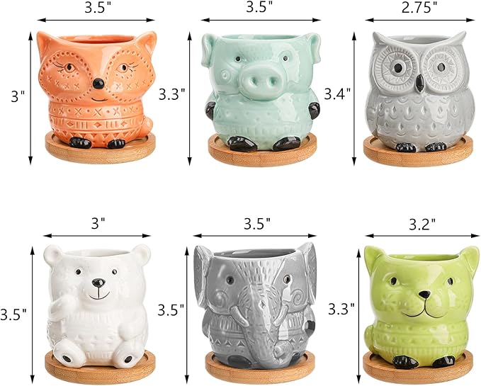 Frcctre 6 Pack Small Ceramic Succulent Planter With Drainage and Bamboo Tray, Cute Animal Flower Pots for Indoor Plants, Cactus, Garden, Home Decor