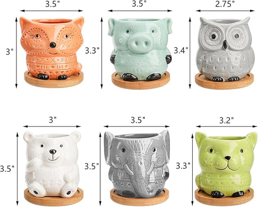Frcctre 6 Pack Small Ceramic Succulent Planter With Drainage and Bamboo Tray, Cute Animal Flower Pots for Indoor Plants, Cactus, Garden, Home Decor
