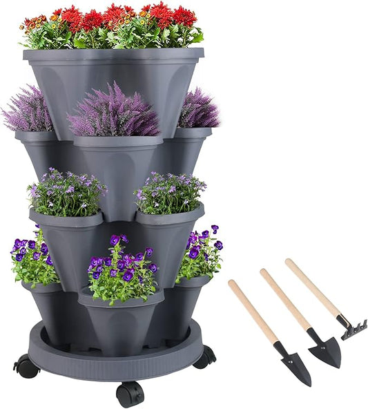 GameXcel Vertical Planter 4 Tier Stackable Planters Garden Planters Strawberry Herb Flower and Vegetable Planter Indoor Outdoor Gardening Pots with Removable Wheels and Tools