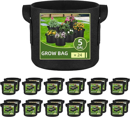 24 Pack 5 Gallon Grow Bags, Heavy Duty Thickened Aeration Fabric Pots with Handles for Vegetable/Flower/Plant