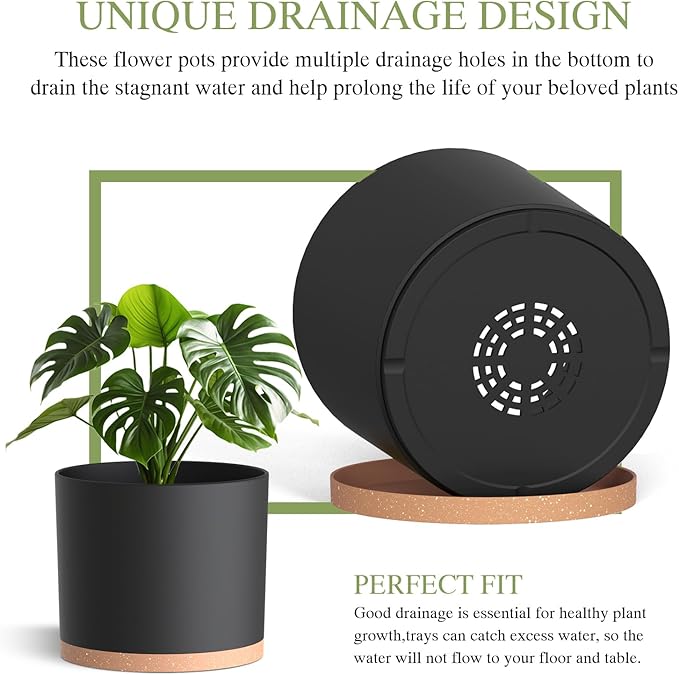 (3 Pack) 10 Inch Plant Pot with Drainage and Saucers, 10/9/8 Inch Plastic Plant Pots for Indoor Plants, Modern Round Planter Set for Flowers, Herbs, Garden Decor (Black-Brown)