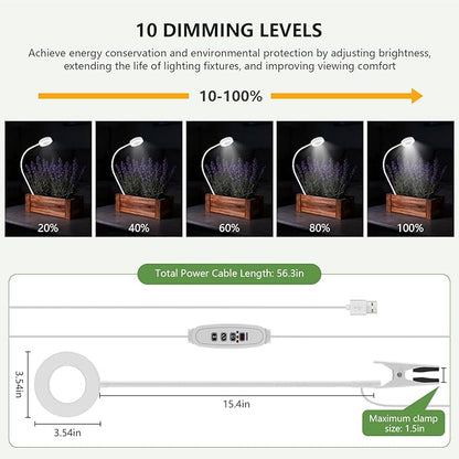Pot Clip on Grow Lights for Indoor Plants Full Spectrum,LED Plant Lights For Indoor Growing,10-Level Dimmable & Timer,Adjustable Gooseneck Plant Grow Light for Small Plant,Succulents,White 2 Pack