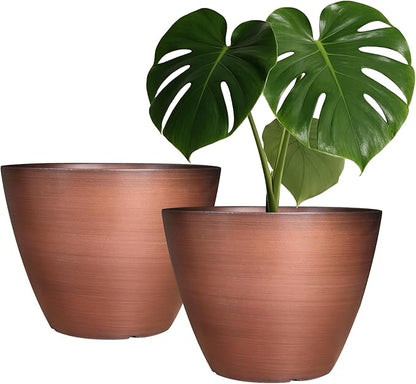 2 Pack Plastic Plant Pots with Drainage Holes, 8 inch Planter for Indoor Outdoor Plant, Garden Flower Pots for Aloe, Herbs, Cactus (Brushed Copper, 2pcs)