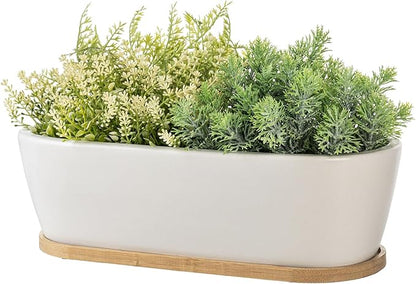 MyGift 14 Inch Oval Modern Matte White Ceramic Succulent Planter Pot with Drainage Hole and Removable Bamboo Saucer, Decorative Indoor House Plant Container for Flowers, Cactus, Herbs