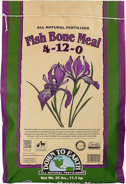 Down To Earth All Natural Fertilizers Organic Fish Bone Meal - High Phosphorus Plant Food for Buds, Bulbs, Blooms, Flower Beds 4-12-0, 25 lb