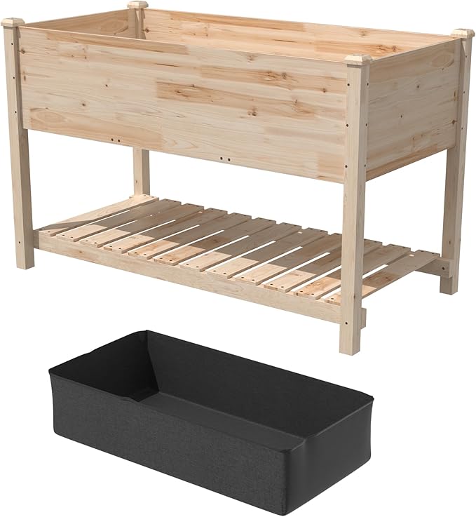 Gotland Raised Garden Bed with Legs, Raised Beds for Gardening with Storage Shelf Bed Liner Drainage Holes, Wooden Planter Raised Beds, Raised Planter Box for Backyard, Patio, Balcony, Natural
