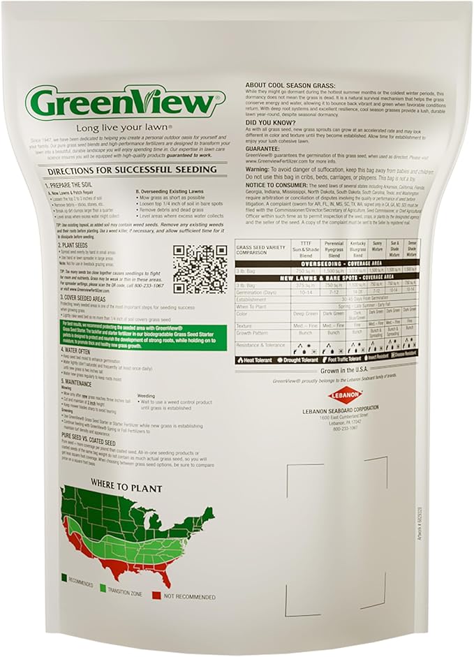 GreenView Pure Grass Seed Turf Type Tall Fescue Sun & Shade Blend, 3 lb. Bag – Covers up to 750 sq. ft.