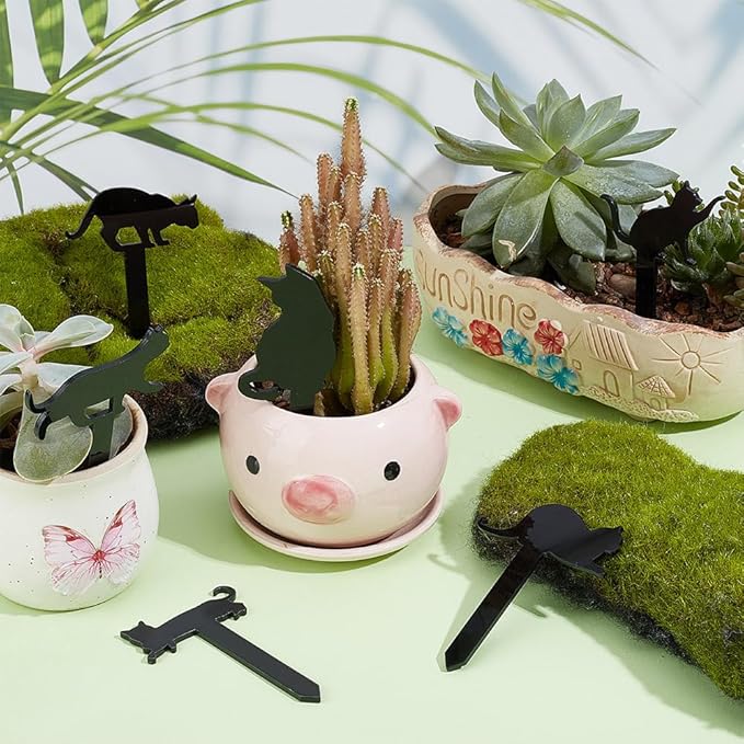 OLYCRAFT 6pcs 6-Style Black Acrylic Cat Plant Decoration Animals Themed Acrylic Stakes Acrylic Plant Label Signs 3.3~4.1 Inch Length for Flower Pot Planter Flowers and Plants Potted