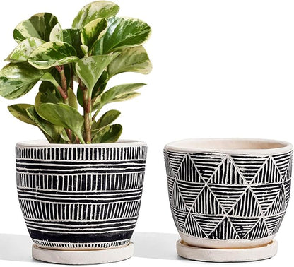 LE TAUCI 5.5 Inch Boho Plant Pots Indoor, Artisanal Cement Pots for Plants, Succulent Pots with Drainage Holes and Saucers, Planters for Indoor Plants, Set of 2, Black and Cream White