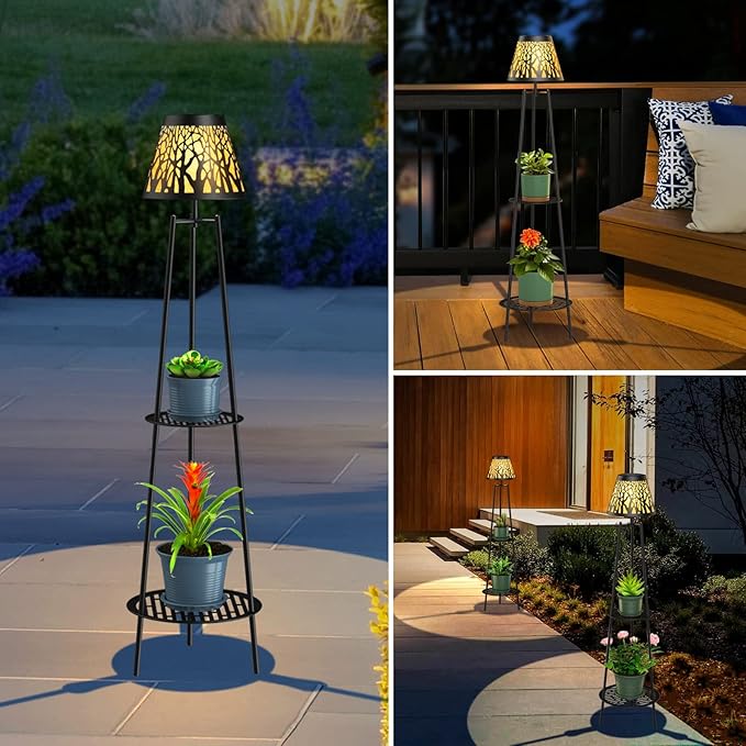 MXwcy 2 Pack Metal Solar Floor Lights Outdoor with Plant Stands, 45.5'' Solar Powered Street Lights, for Garden Yard Pathway Driveway Porch