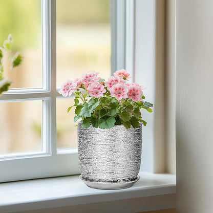 Ceramic Plant Pot 5 Inch - Indoor Planter with Drainage Hole and Saucer, Round Modern Flower Pot for Succulent Plants, Housewarming Gifts, Office Home Desk Decor, Silver