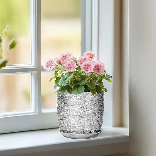 Ceramic Plant Pot 5 Inch - Indoor Planter with Drainage Hole and Saucer, Round Modern Flower Pot for Succulent Plants, Housewarming Gifts, Office Home Desk Decor, Silver