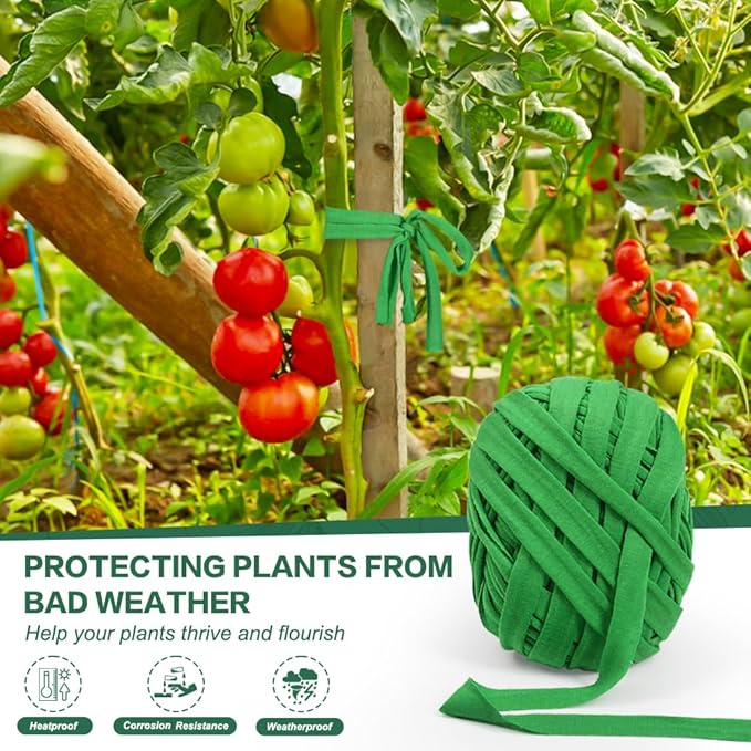 2 Pack Garden Twine, 196 Feet Stretchy Tomato Twine String, Green Cloth Plant Ties for Climbing Plants, Tomatoes, Fruit Trees, Gardeners (98 Feet/Roll)