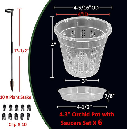 Orchid Pot with Saucers, 6 Pack 4.3" Orchid Pots with Holes and 10Pcs Plant Stakes, Clear Plastic Flower Plant Pot for Indoor Outdoor Plants