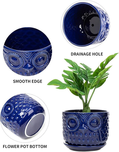 Ceramic Flower Pots, Ceramic Planters with Drainage Hole and Saucer, Modern Round Indoor Succulent Planters with Owl Design, Small to Medium-Sized, Set of 3, Navy Blue