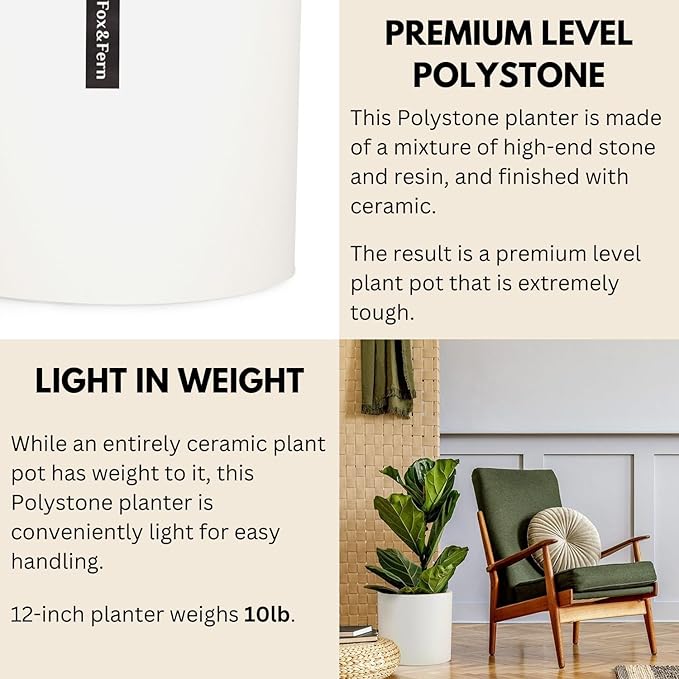 Fox & Fern Large 12 Inch Plant Pot with Drainage Plug — Premium Polystone Matte White Planter; Large Indoor & Outdoor Planter; 12 Inch Pots for Plants; Weather Resistant & UV Resistant