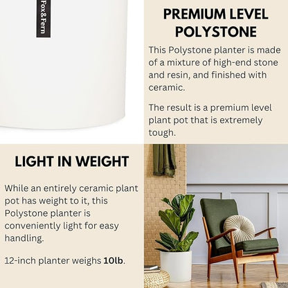 Fox & Fern Large 12 Inch Plant Pot with Drainage Plug — Premium Polystone Matte White Planter; Large Indoor & Outdoor Planter; 12 Inch Pots for Plants; Weather Resistant & UV Resistant
