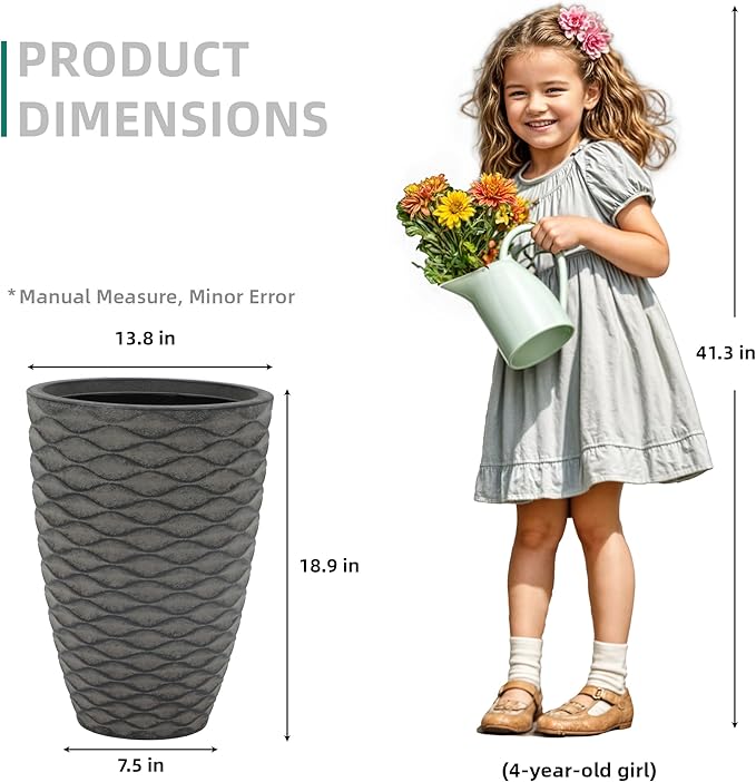 20" Tall Planters Set of 2, High-Density Resin Wavy Outdoor Pots for Plants, Versatile Indoor/Outdoor Flower Pots w/Drainage Holes for Patio, Garden, Porch & Living Room Decor, Ideal Gift
