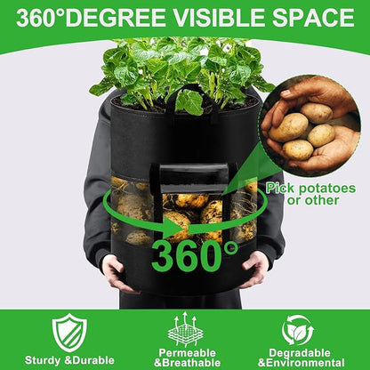 4 Pack 10 Gallon 360°Visible Potato Grow Bags,Heavy Duty Thickened Nonwoven Fabric Planter Bags with 2 Clear Harvest Windows&Removable Shading Cover,Reinforced Handles,Vegetable Grow Bags with Labels