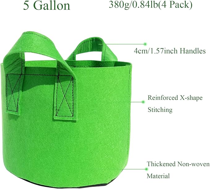 5 Gallon Grow Bags, 4 Pack Fabric Pots with Handles for Veggies Flowers Garden Plant Green