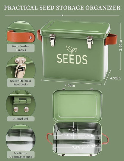 Seed Storage Organizer, Metal Seed Saving Box with Leather Handles and Safety Locks, Seed Packet Container with 10 Fruits Protection Bags, 30 Plant Labels, 20 Seed Envelopes, 1 Marker Pen