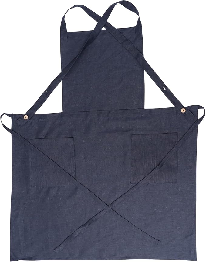Pure Linen Cross Back Apron Dress, Adjustable Waist & 2 Pockets. Unisex Kitchen & Server Apron, 26.5"x33.5".