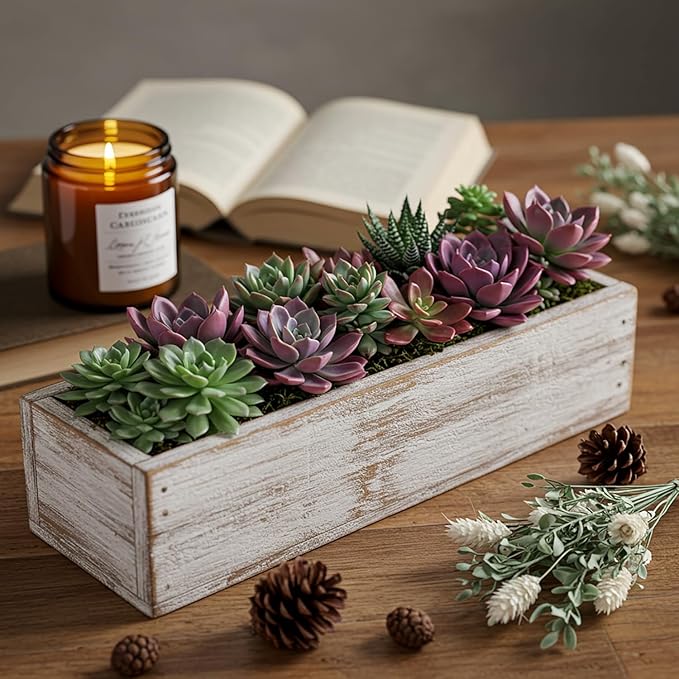 Dandat 3 Set Wood Boxes for Centerpieces 12x4 Inch Rectangle Wooden Planter Box Rustic Wooden Planters with Removable Plastic Liner Floral Foam Blocks for Christmas Wedding Home Garden Decor(White)