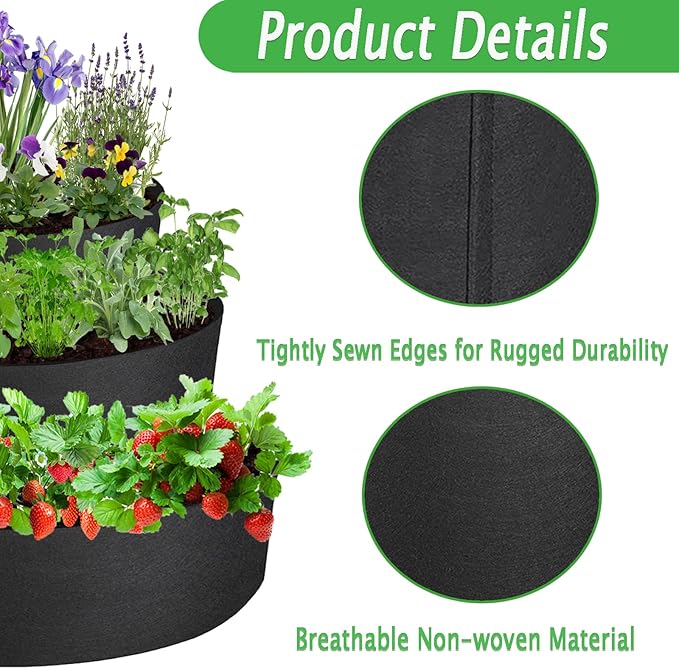 3 Tiered Strawberry Planter, Fabric Raised Garden Bed Non-Woven Laddered Planter Bag 8 Inch Deep Round Felt Planting Container for Growing Vegetables Herb Plant (3 Tiered)