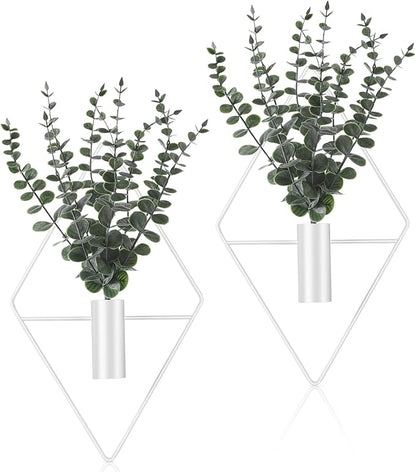 Jexine 4 Pcs Hanging Planters with Artificial Eucalyptus Metal Hanging Vase Indoor Plants Holder Modern Geometric Boho Bathroom Wall Decor for Living Room Home Office (Eucalyptus,White)