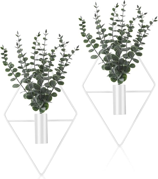 Jexine 4 Pcs Hanging Planters with Artificial Eucalyptus Metal Hanging Vase Indoor Plants Holder Modern Geometric Boho Bathroom Wall Decor for Living Room Home Office (Eucalyptus,White)