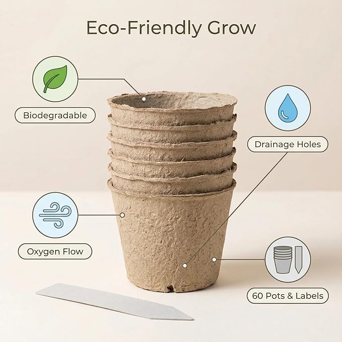 60 Packs 4 Inch Peat Pots with 60 Pcs Plant Labels, Biodegradable Seedling Pots with Drainage Holes, Nursery Pots Breathable Plant Containers, Seed Starter Kit for Vegetables, Flowers
