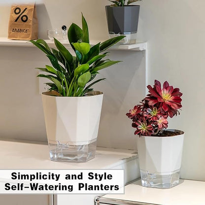 3 Packs Self Watering Plant Pots, Plastic Flower Pots with Drainage Hole and Saucer, Self Watering Planters for Indoor Outdoor Garden Plants, African Violet, Herbs (White, 6.7")