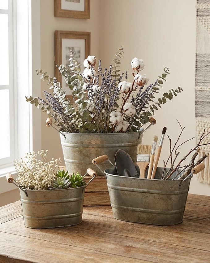 vensovo Galvanized Metal Oval Planter Buckets with Handles – Set of 3 Rustic Farmhouse Flower Tubs with Drain Holes & Plugs, Vintage Small Pots for Herbs, Succulents, Wedding or Tabletop Decor