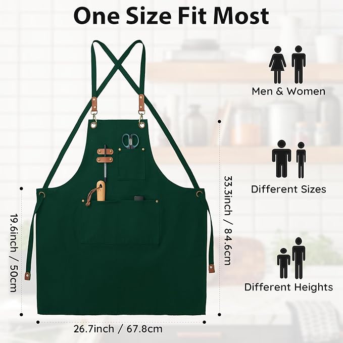 Canvas Aprons, Kitchen Chef Aprons, Work Aprons for Men Women, Adjustable Strap Aprons with 3 Pockets