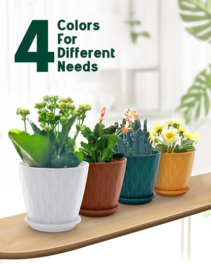 6 Inch Indoor Planter Pots with Drainage Hole and Tray Saucer,Flower Pots for Indoor Outdoor Garden Plants and Flowers, Multicolor, 4 Packs
