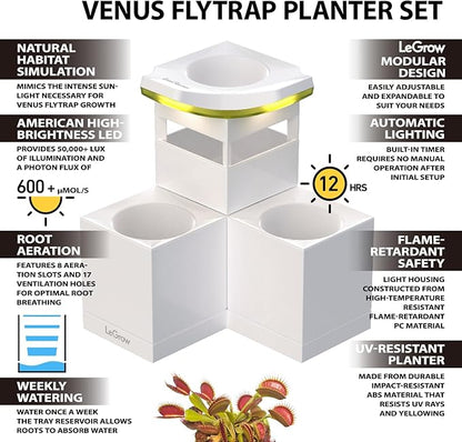 LeGrow Venus Fly Trap Pot, 50000lux Grow Light with Timer, 7 Days Watering Free, Indoor Planter with Drainage Hole & Self-Watering Tray for Carnivorous Plant, Sundew, Succulent, Cactus [No Plant]