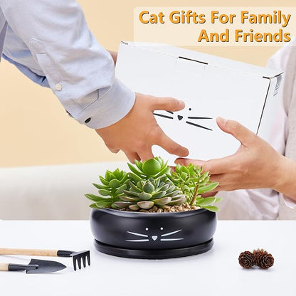 Koolkatkoo 8 Inch Cat Ceramic Succulent Planter Pot with Drainage Hole and Tray Flower Pot for Indoor and Outdoor Plants Round Shallow Planter Gifts for Cat Lovers Black
