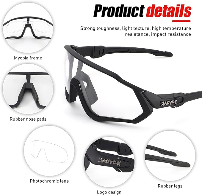 KAPVOE Photochromic Cycling Glasses Men Women Mountain Bike Sunglasses Clear MTB Bicycle Riding - K9408