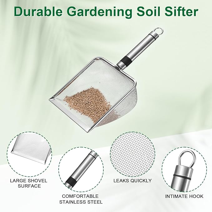1-Pack Gardening Soil Sifter, 1.5 mm Mesh Stainless Steel Sand Soil Compost Sieve with Stainless Steel Handle for Sand/Dirt/Rock Compost, Screen Potting Scoop [Silver Tone]