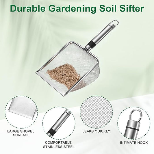 1-Pack Gardening Soil Sifter, 1.5 mm Mesh Stainless Steel Sand Soil Compost Sieve with Stainless Steel Handle for Sand/Dirt/Rock Compost, Screen Potting Scoop [Silver Tone]