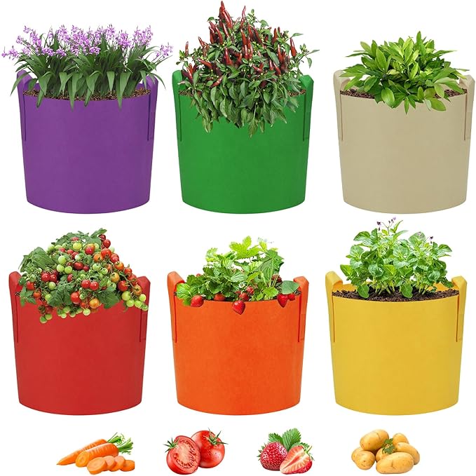 6 Pack 15 Gallon Grow Bags, Colorful Fabric Plant Pots with Handles, Garden 10 Gal Fabric Grow Pots, Vegetable Plant Growing Bags for Garden (15 Gallon)