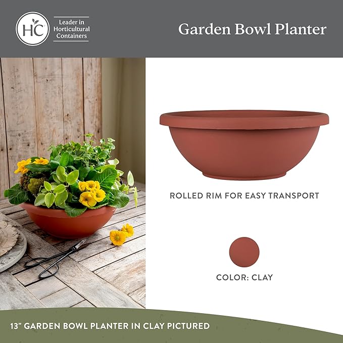 The HC Companies 15.5 Inch Shallow Garden Bowl Plant Pot with Drainage, Lightweight UV-Resistant Plastic Planters for Succulents, Herbs & More, 2-Pack Planters for Indoor Outdoor Home Decor, Clay