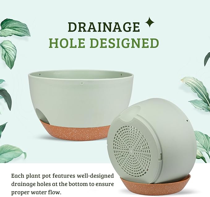 Plant Pots 12inch Self Watering Pots, Set of 2 Plastic Planters with Drainage Holes and Saucers, Flower Pots for Indoor Outdoor Plants (Green)