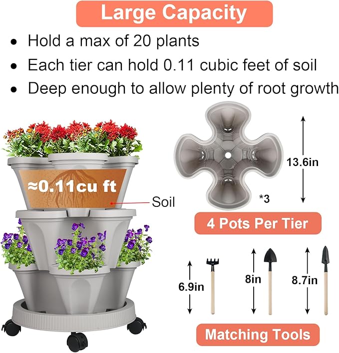 GameXcel Vertical Planter 3 Tier Stackable Planters Garden Planters Strawberry Herb Flower and Vegetable Planter Indoor Outdoor Gardening Pots with Removable Wheels and Tools