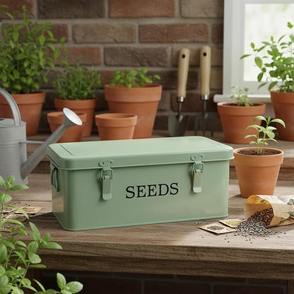 Seed Storage Organizer, 4 Compartment Metal Seed Saving Box with Lid and Safety Locks,Seeds Packet Container with 1 Pen, 12 Slots, 20 Plant Labels, 30 Seeds Envelopes,Perfect for Flower Plants Garden