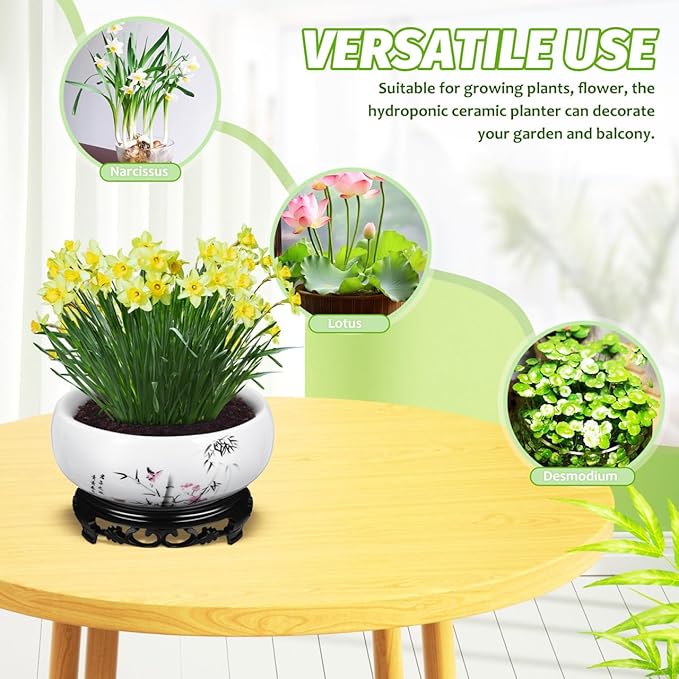 Angoily Lotus Bowl Planter, Water Lily Bowl, Water Lily Pot, Ceramic Planter Pot, Round Ceramic Hydroponic with Plastic Base, Classic Pottery Container for Indoor Plant Storage Decorative Home Office