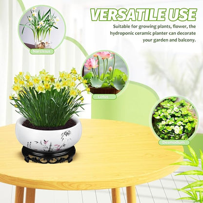 Angoily Lotus Bowl Planter, Water Lily Bowl, Water Lily Pot, Ceramic Planter Pot, Round Ceramic Hydroponic with Plastic Base, Classic Pottery Container for Indoor Plant Storage Decorative Home Office