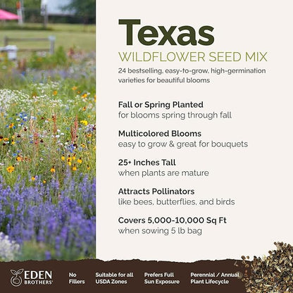 Eden Brothers Texas Wildflower Mixed Seeds for Planting, 5 lb, 2,400,000+ Seeds with Cornflower, Birds Eyes, African Daisy, Attracts Pollinators, Plant in Spring or Fall, Zones 3, 4, 5, 6, 7, 8, 9, 10